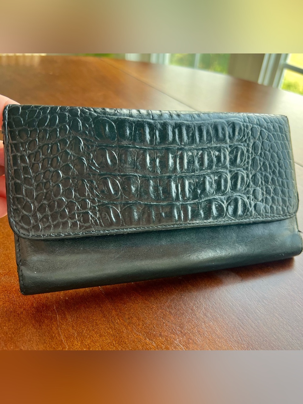 Brahmin Classic Black Croc-Embossed Leather Large TriFold Wallet